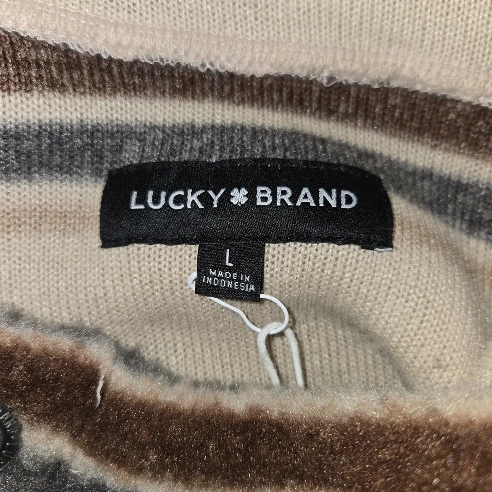 NEW Lucky Brand Striped Fleece Snap Mock Neck Pullover Beige Brown Mens Large